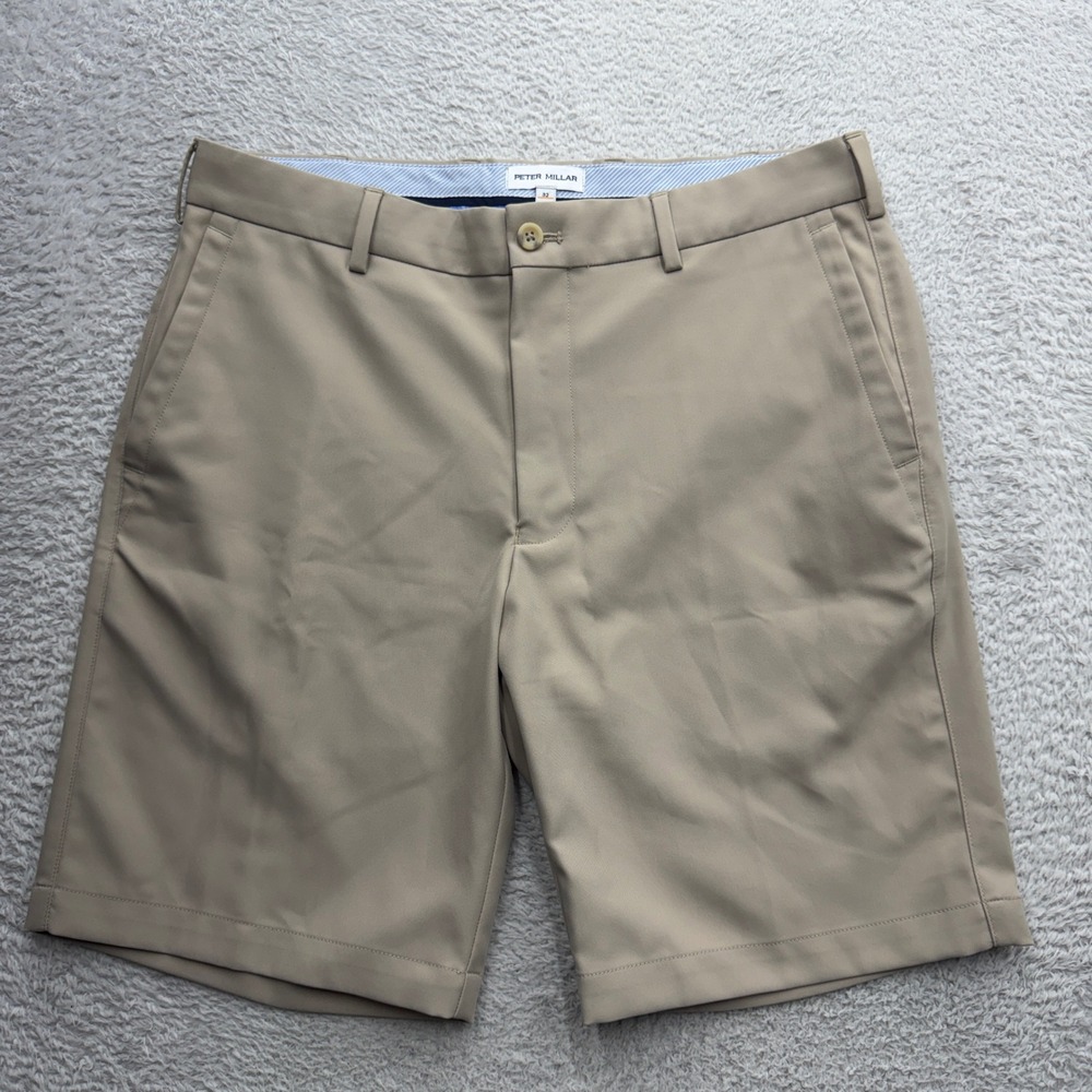 Peter Millar Mens Performance Golf Shorts Khaki Tan Size 32 Flat Front Polyester